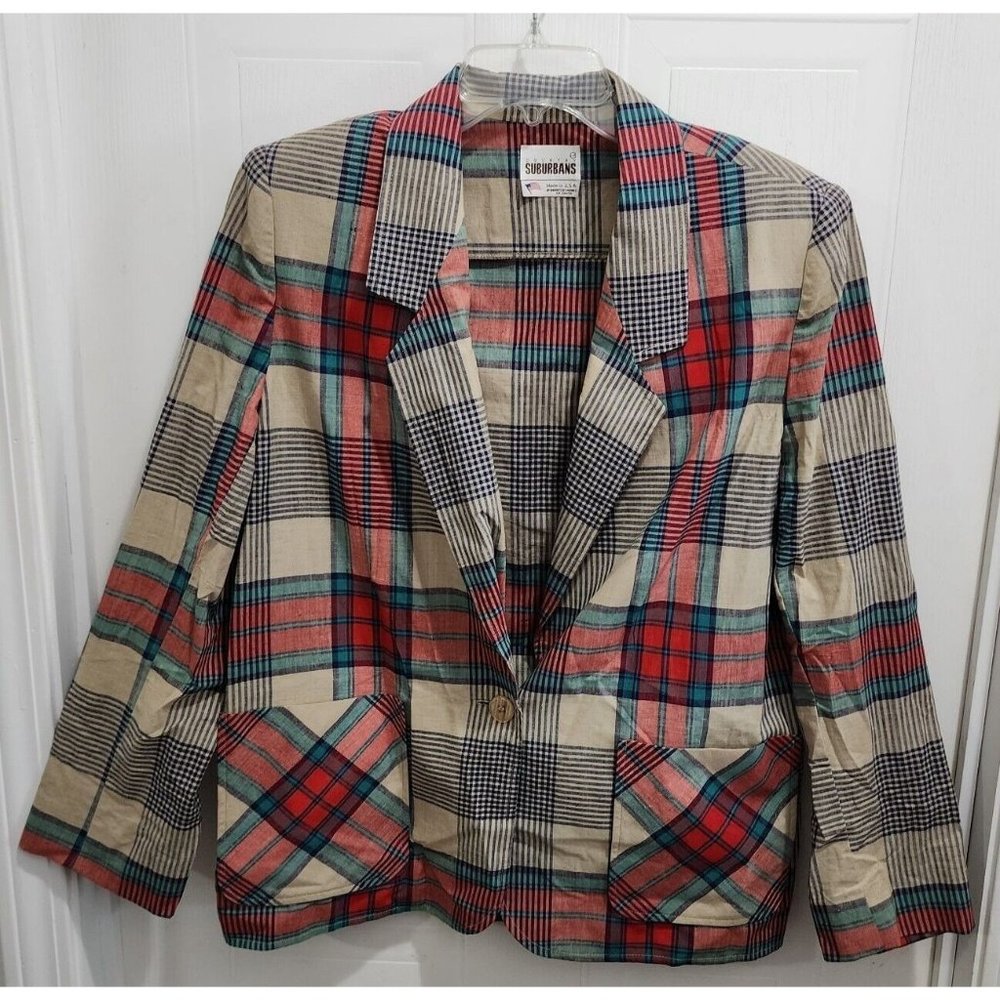 Vtg Country Suburbans Women's Lightweight Blazer Jacket Multiciolor‎ Plaid Sz 14